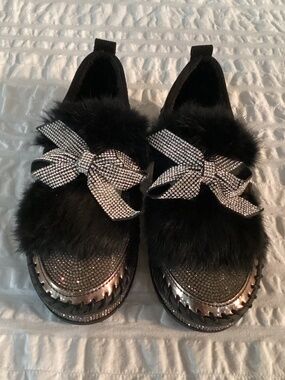 Glitz Faux Fur Sparkly Rhinestone Bowknot Thick Sole Loafers Size 5 EU 36